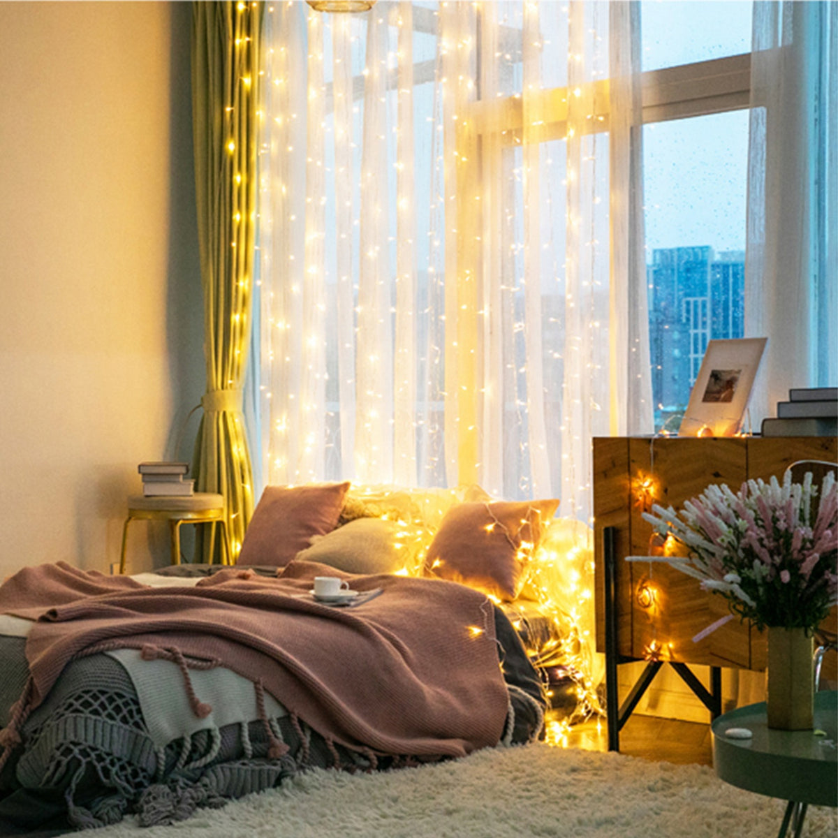 LED Curtain Lights – 300 Warm White LEDs, 9.8 ft, 8 Light Modes