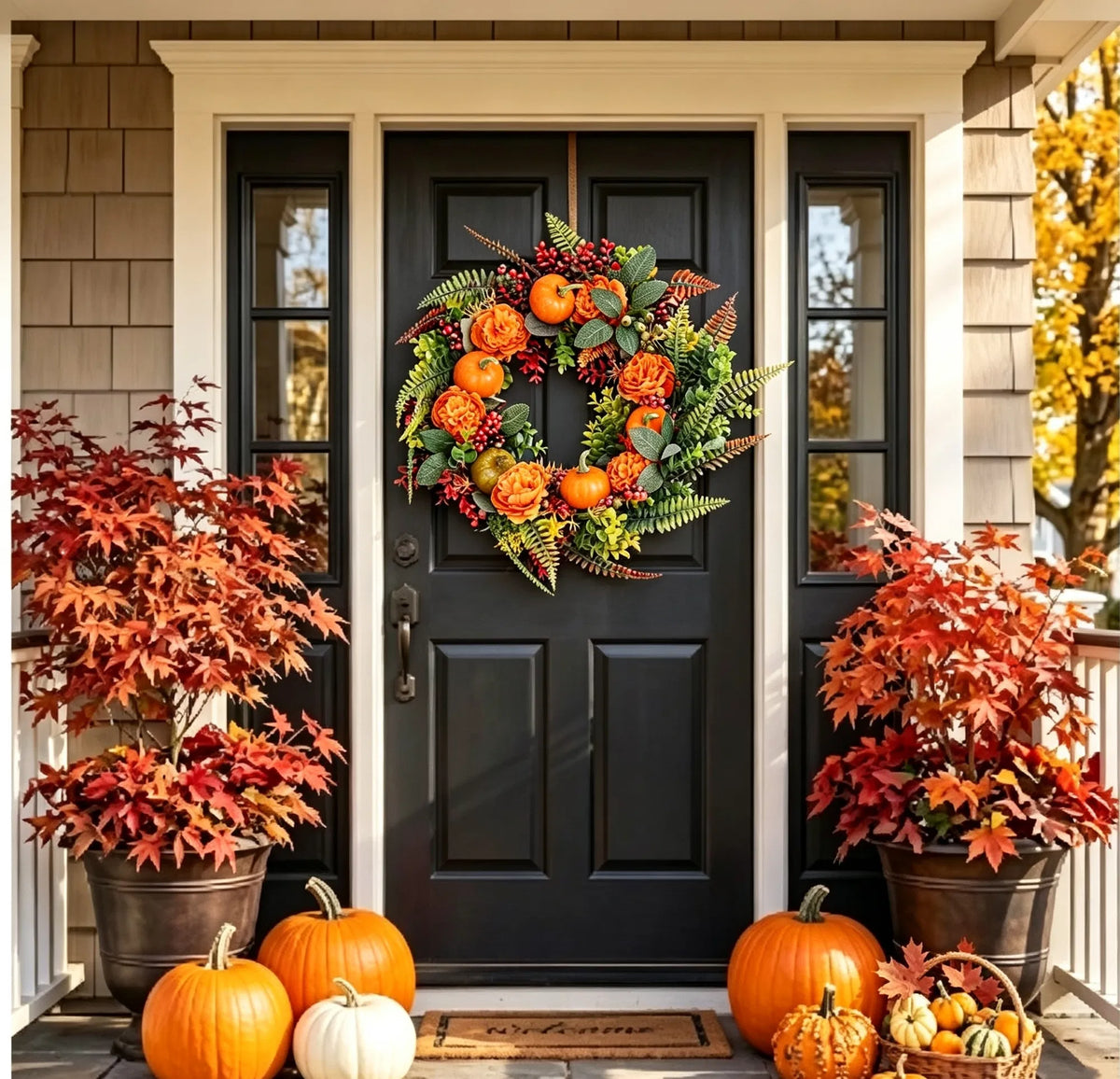 Autumn wreath with mini pumpkins and berries