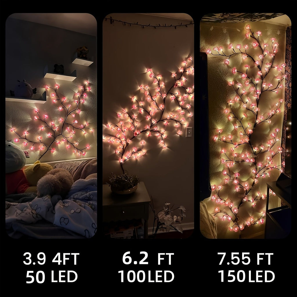 Cherry blossom branch lights on bedroom wall