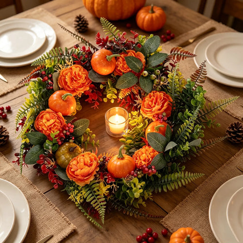 Autumn wreath with mini pumpkins and berries