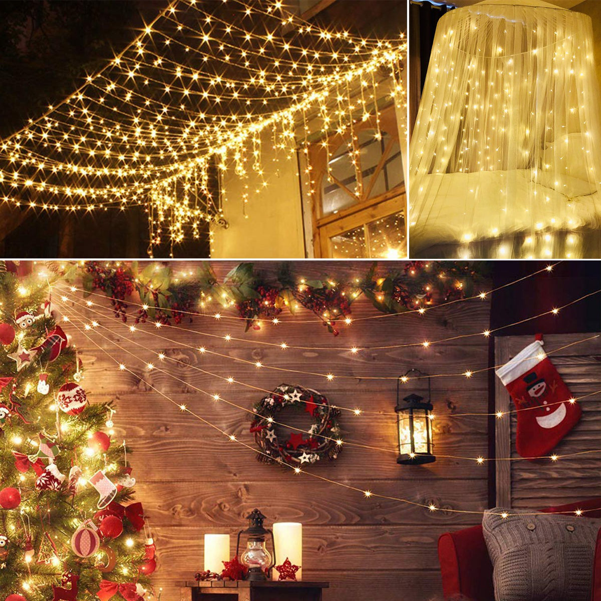 LED Curtain Lights – 300 Warm White LEDs, 9.8 ft, 8 Light Modes