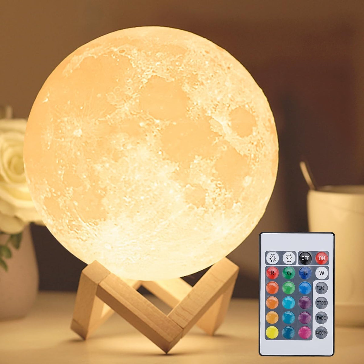 Moon lamp on wooden stand with remote